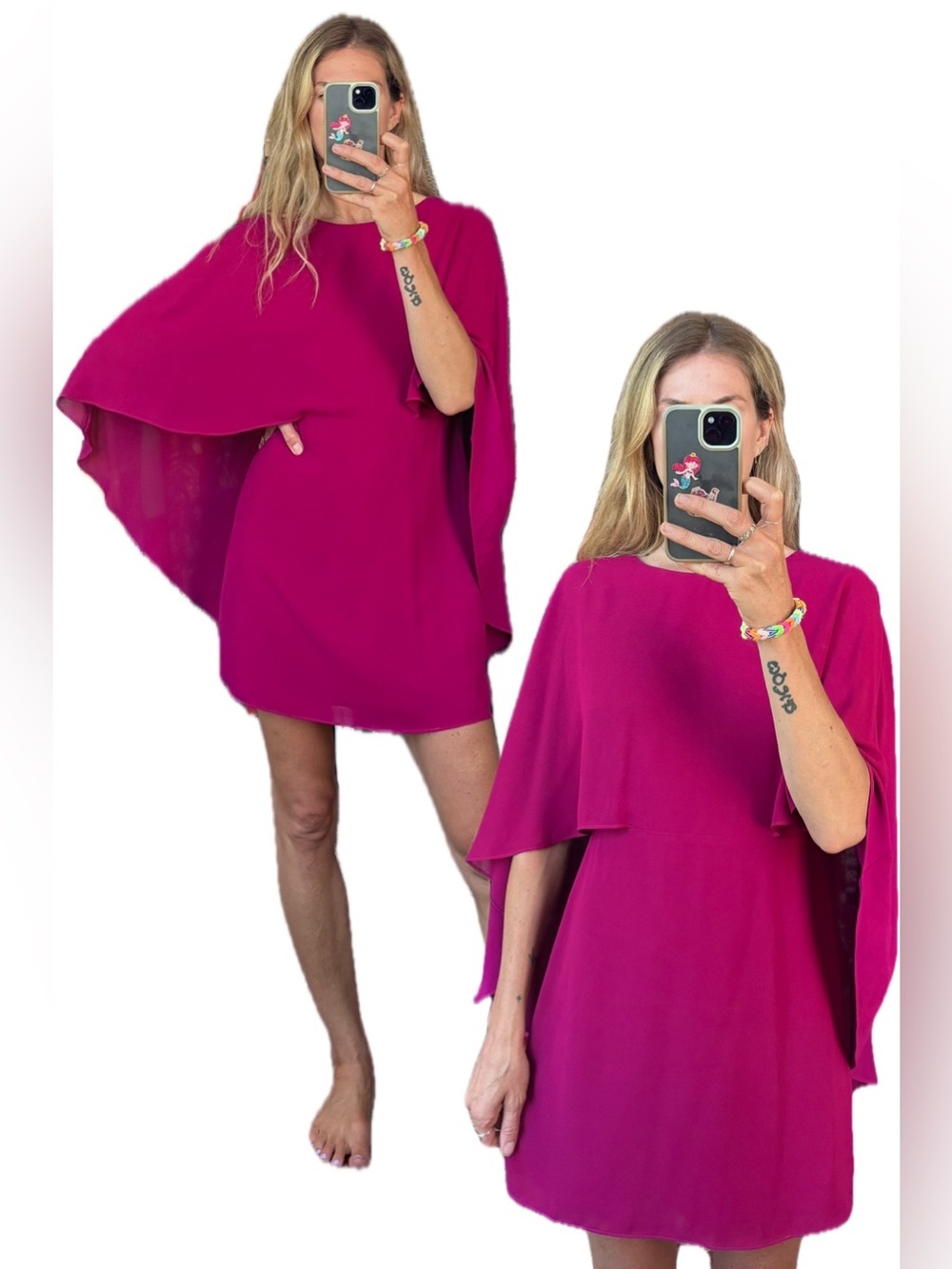 Halston Fuchsia Bright Pink Mini Cape Shift Palm Springs Royale Disco Dress